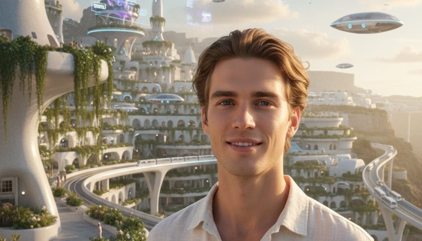 An AI illustration of a young man smiling in a green city of the future