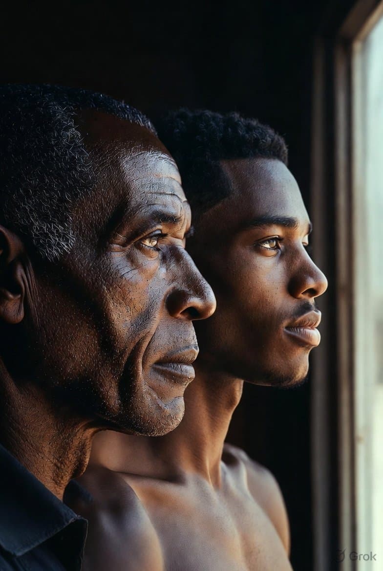 A father and his grown son in profile, looking toward the light